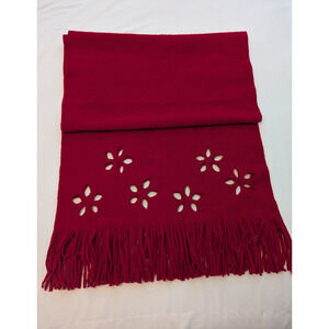 Vintage Susan Bristol Wool Wrap Scarf Red Cut Out Flowers 79"x23" w/6" Tassels